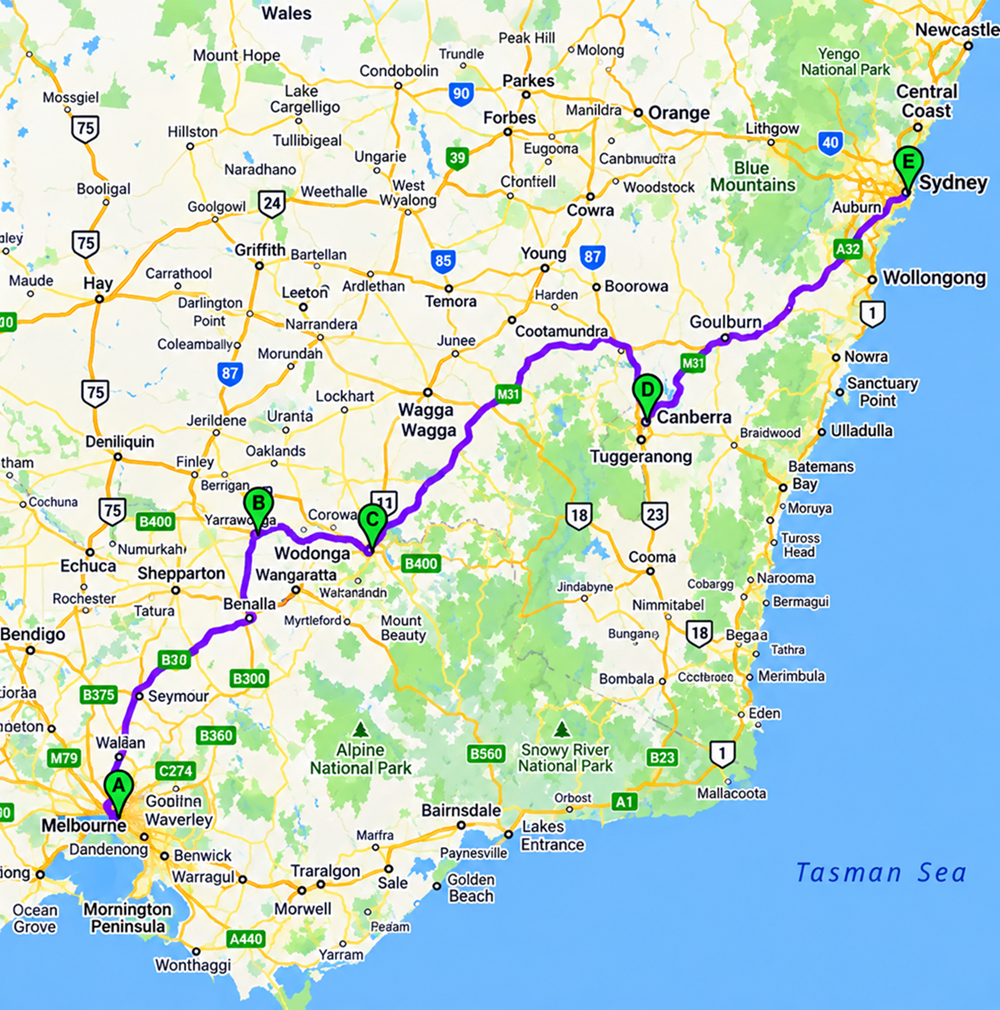 Southeastern Australia Purple Route Map