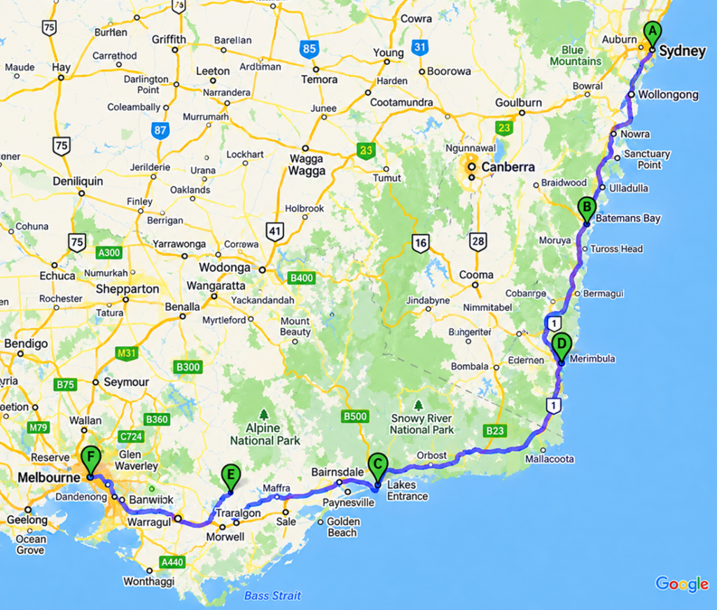 Southeastern Australia Route Map