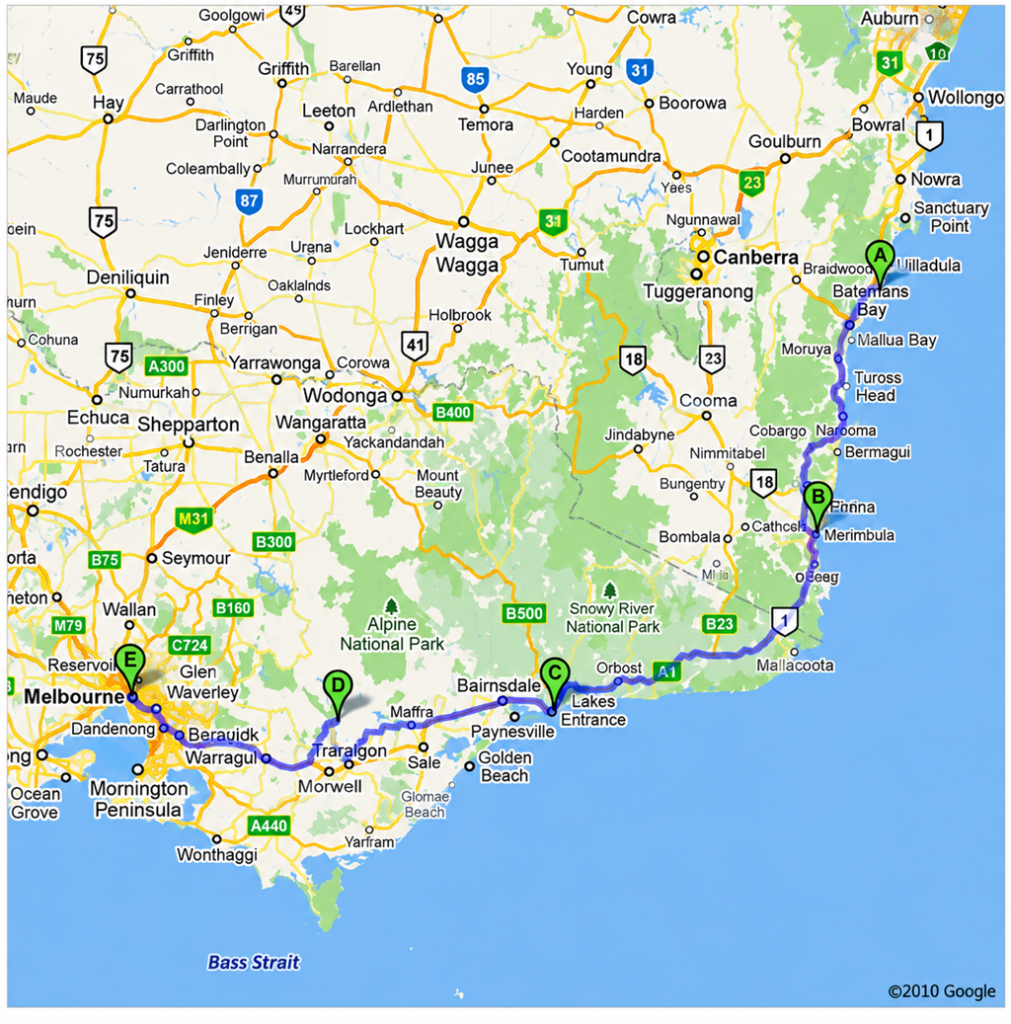 Sydney to Melbourne Coastal Route Map