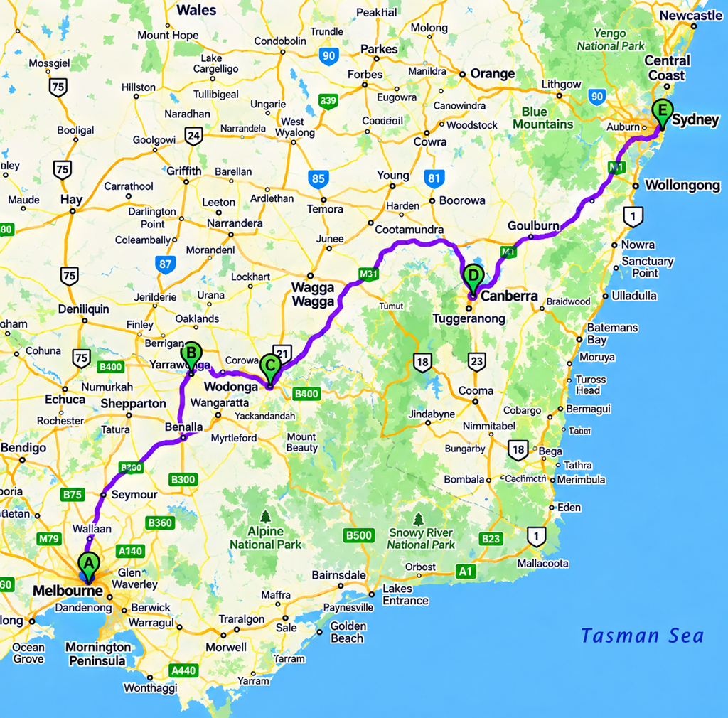 Sydney to Melbourne Scenic Route Map